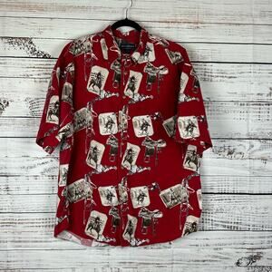 Mens Bit & Bridle Western Cowboy Horse Rodeo Red SS Button Up Shirt Cotton XL